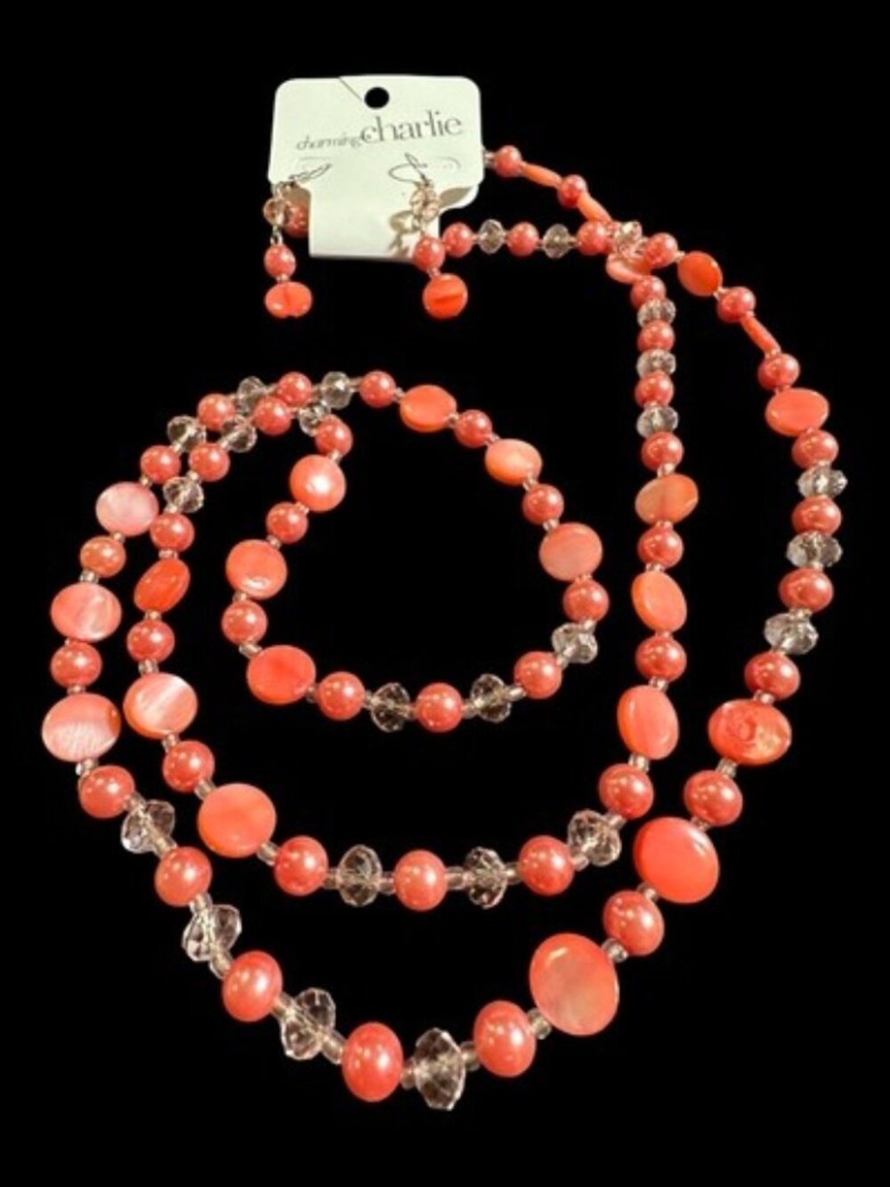 Charming Charlie Necklace Dangle Earring Set Coral Pink Beaded Strand Womens